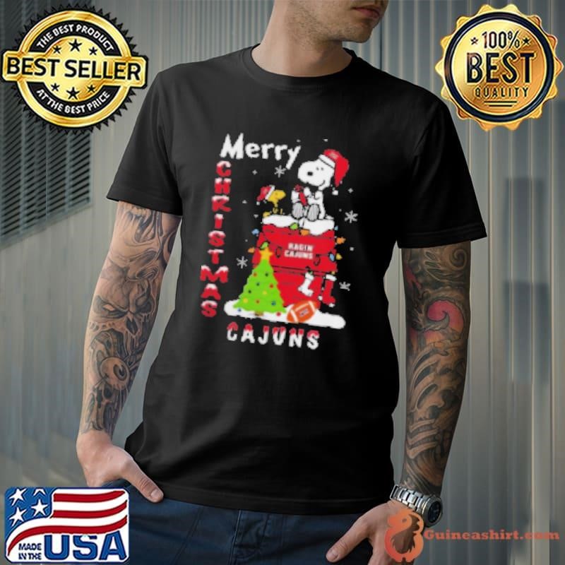 Louisiana Ragin' Cajuns Snoopy And Woodstock Merry Christmas Shirt