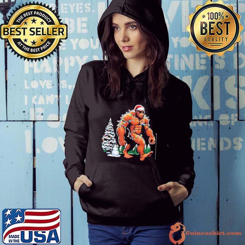 Santa Bigfoot Christmas Tree Lights Funny Sasquatch Believe Hoodie