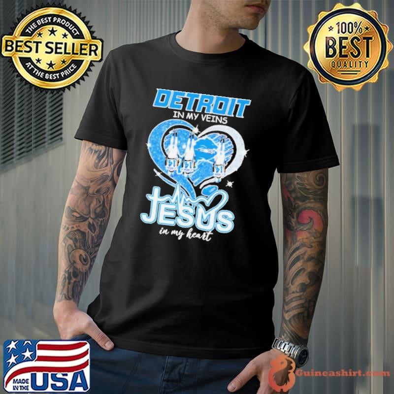 Amon Ra St Brown Detroit Lions in my veins Jesus in my heart shirt