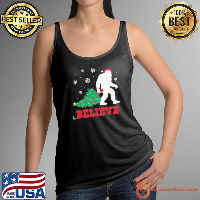 Believe Christmas Bigfoot Santa Hat Xmas Tree shirt