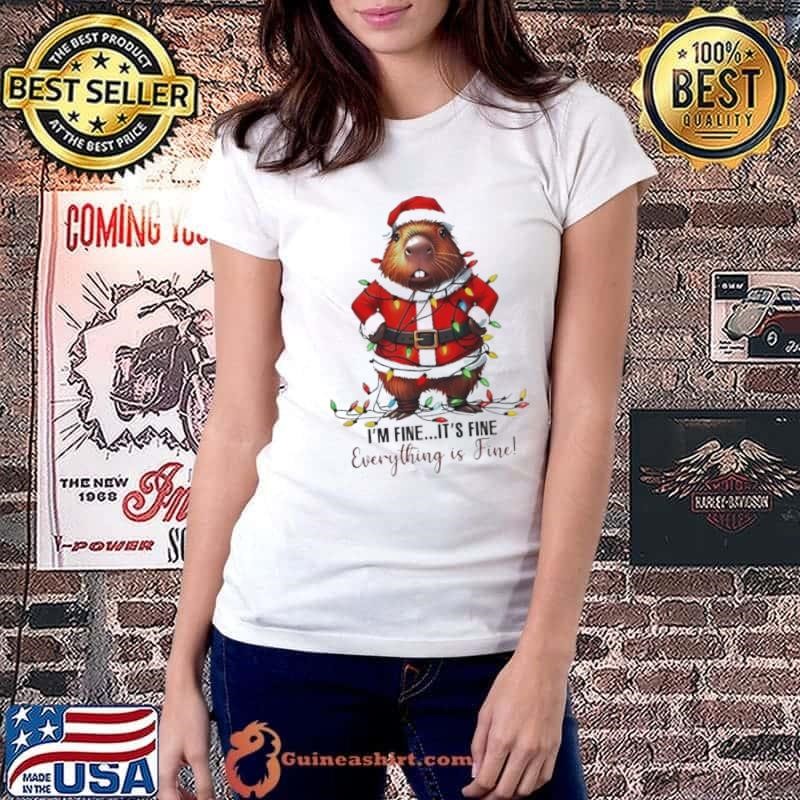 Capybara Santa Claus I’m fine it’s fine Christmas lights Ladiestee