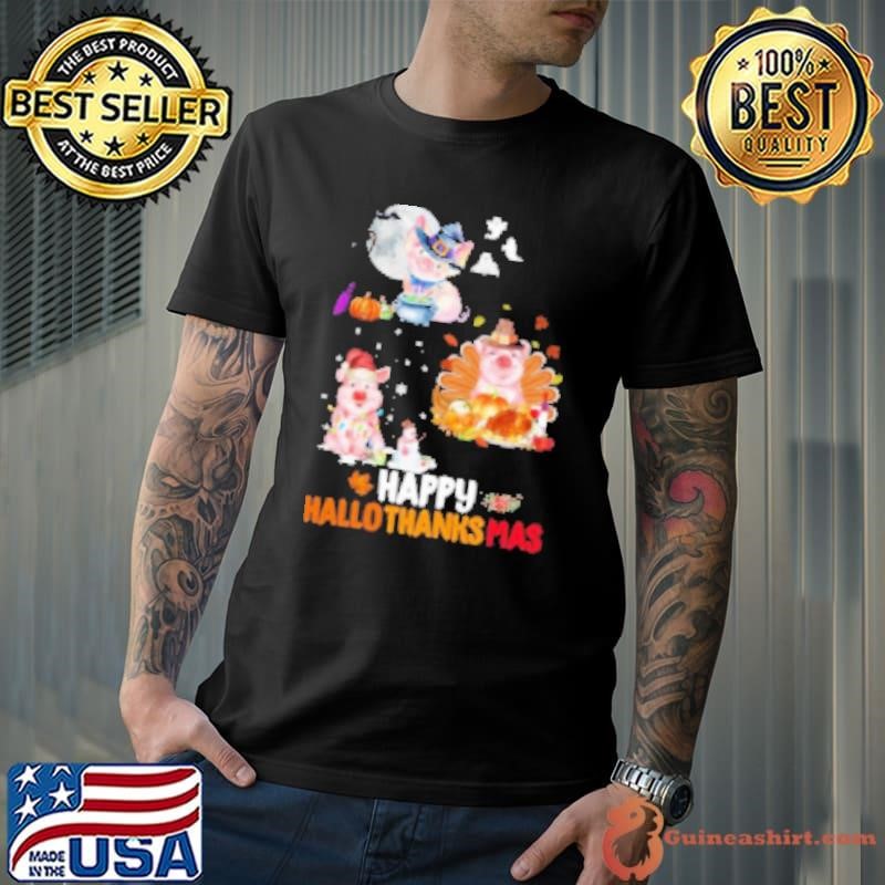 Cute Pigs Halloween and Merry Christmas Happy Hallothanksmas Shirt