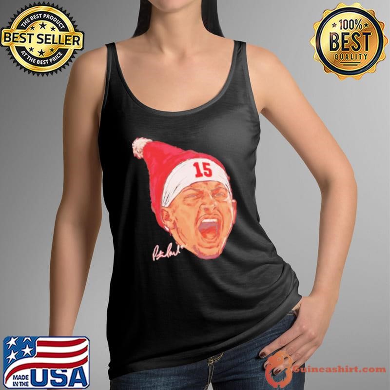 Kansas City Chiefs Patrick Mahomes wearing Santa hat signature shirt