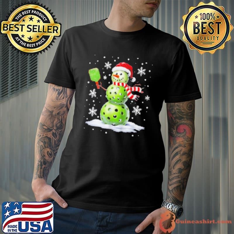 Pickleball Snowman Player Santa Hat Christmas Funny Xmas Shirt
