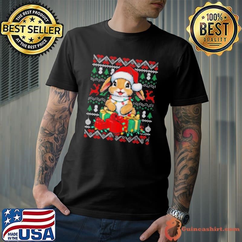 Rabbit Bunny Xmas Lights Santa Hat Bunny Ugly Christmas Shirt