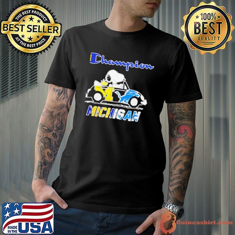 Snoopy drive Michigan Wolverines and Detroit Lions Champion shirt