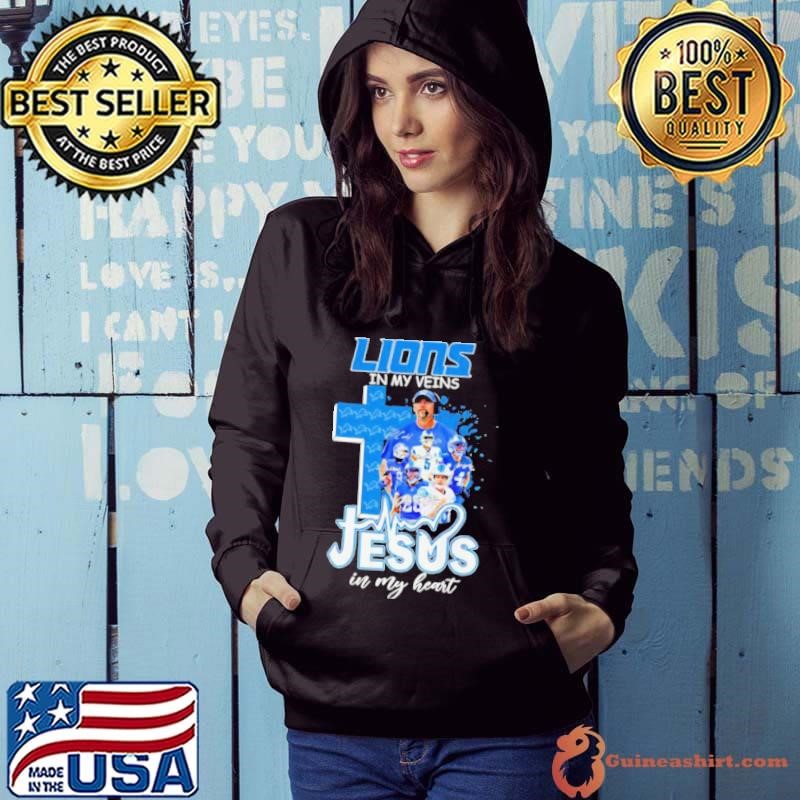 Dan Campbell and Players Detroit Lions in my veins Jesus in my heart shirt