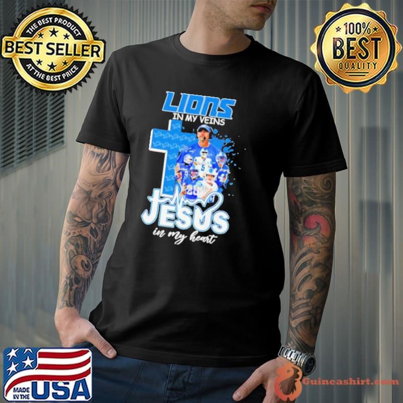 Dan Campbell and Players Detroit Lions in my veins Jesus in my heart Unisex