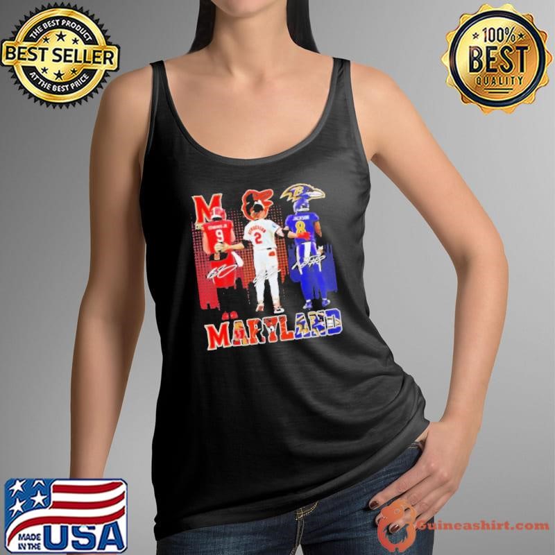 Maryland city skyline Maryland Terrapins Baltimore Orioles and Baltimore Ravens sports signatures Tank Top
