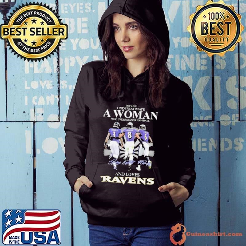 Never Underestimate A Woman Who Understands Football And Loves Baltimore Ravens Beckham Jr Jackson And Queen Signatures Shirts Hoodie