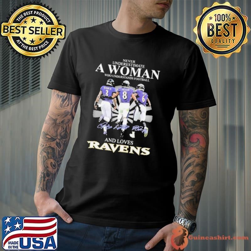 Never Underestimate A Woman Who Understands Football And Loves Baltimore Ravens Beckham Jr Jackson And Queen Signatures Shirts