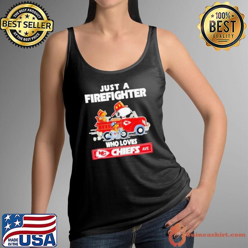 Snoopy and Woodstock Driver Just a Firefighter Who Loves Kansas City Chiefs Tank Top