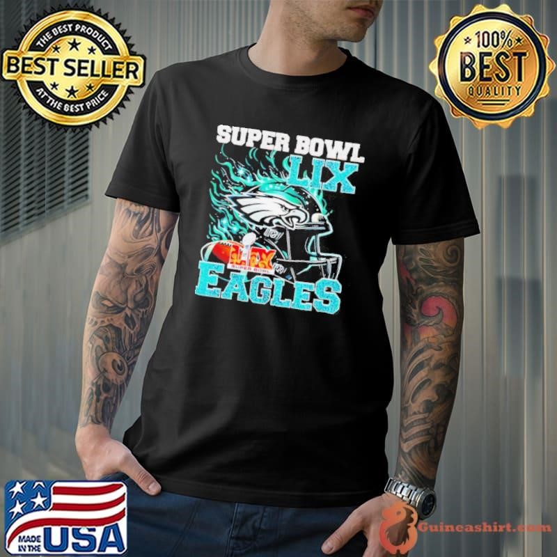 Super Bowl 2025 LIX Champions helmet on fire Eagles shirt