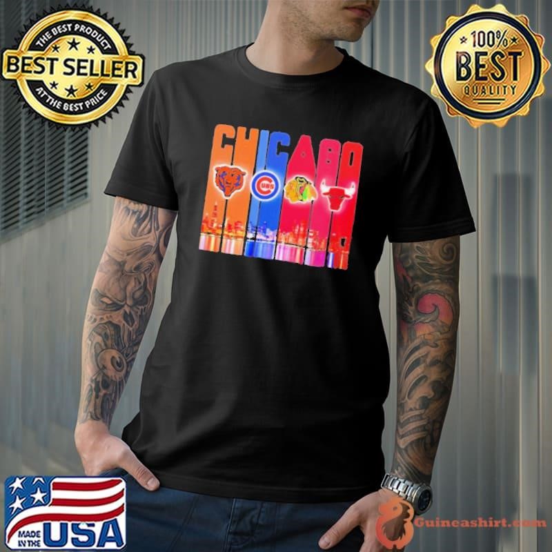 Skyline Chicago sports Bears Cubs Blackhawks Bulls logo shirt