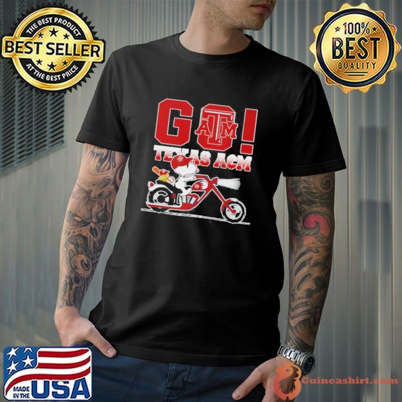 Snoopy And Woodstock Riding Bike Go Texas AM Baseball Shirt