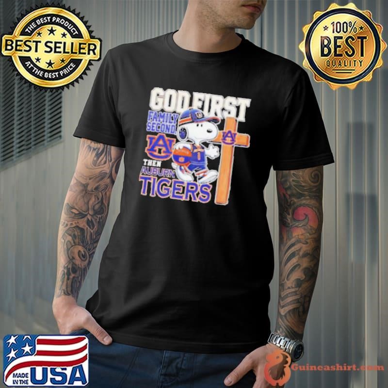 Snoopy walking God first family second then Auburn Tigers shirt