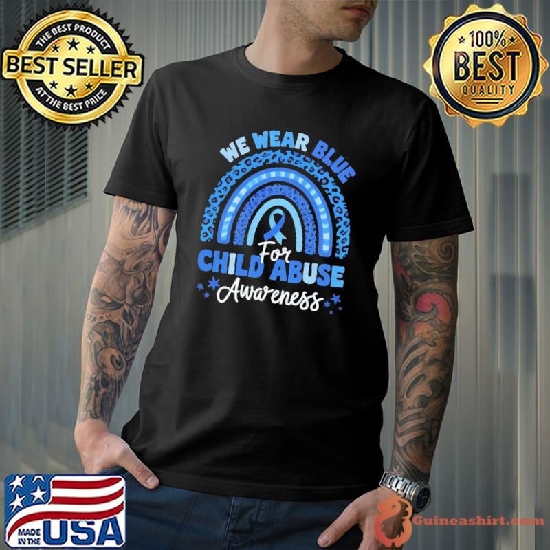 We Wear Blue for Child Abuse Awareness Blue Ribbon Rainbow Leopard Support T-Shirt
