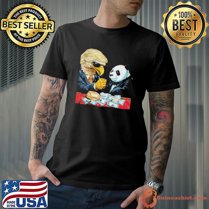 Bald eagle with iconic hair vs panda arm wrestling funny trade war shirt