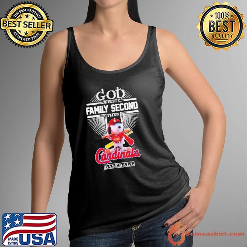 Snoopy God first family second then Cardinals baseball shirt