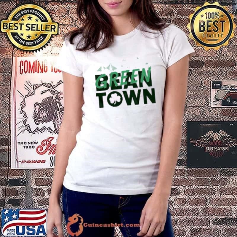 Boston basketball green town skyline shirt