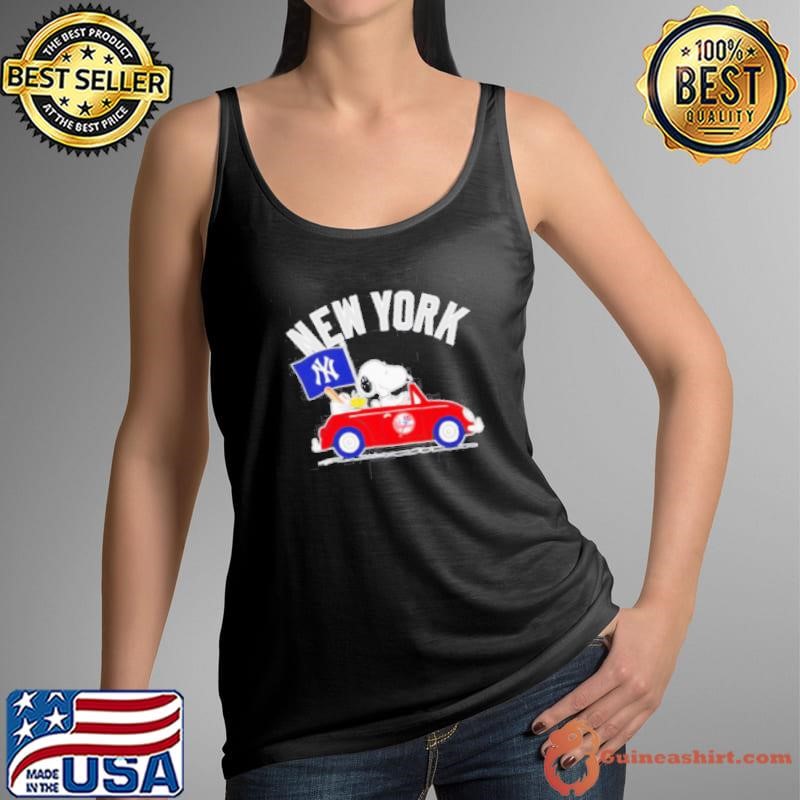 Snoopy and Woodstock driving car New York Yankees shirt