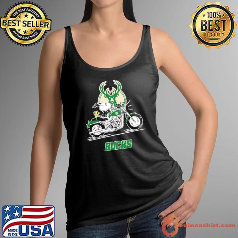 Snoopy and Woodstock driving motorbike Milwaukee Bucks shirt