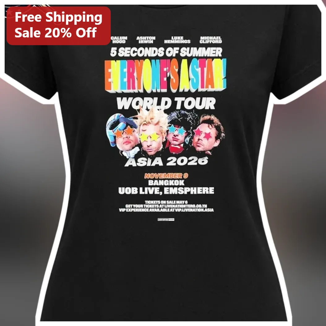 5 Seconds of Summer Everyone's A Star World Tour Asia 2026 Graphic Tee available at our Miami, Florida warehouse