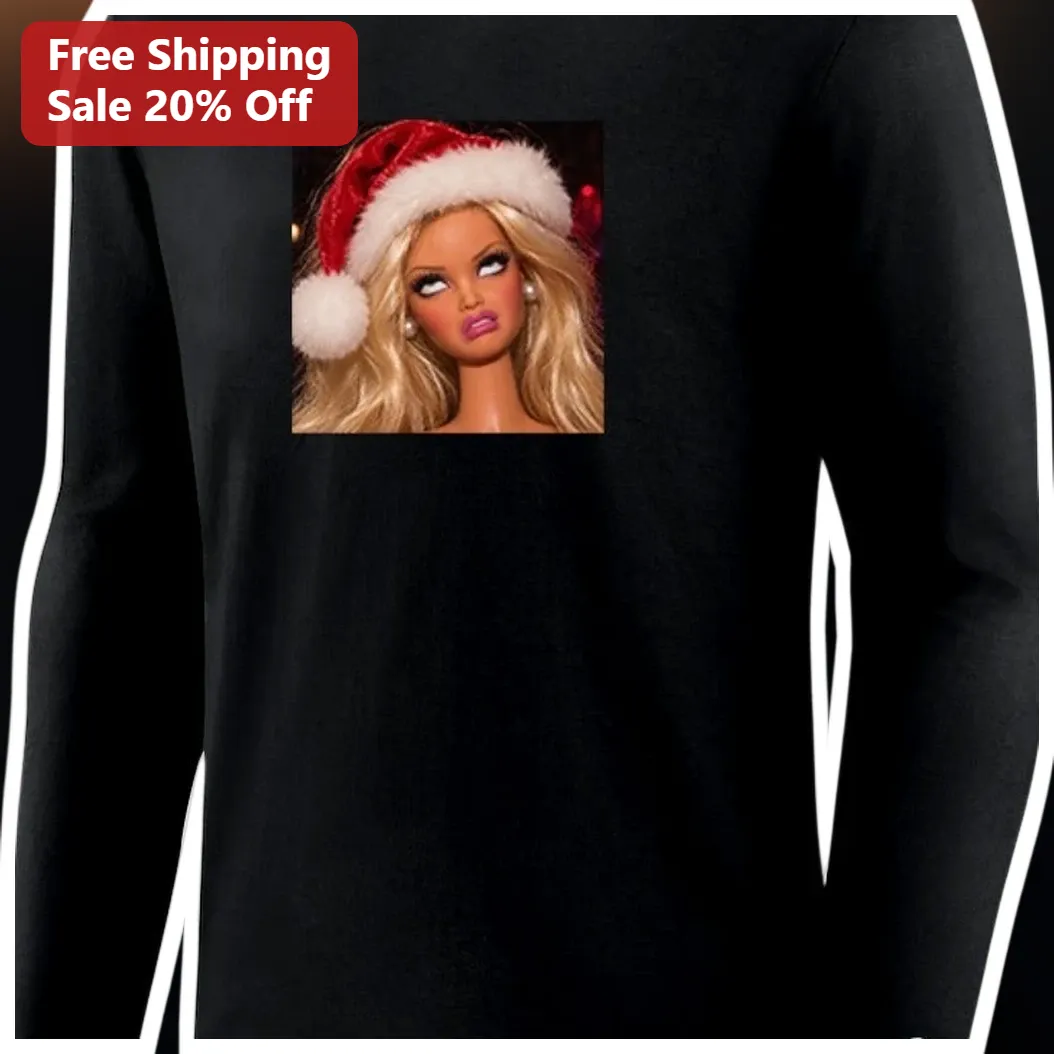 Barbie Long Sleeve Tee Christmas Santa Hat Graphic Black Holiday Gift for Women