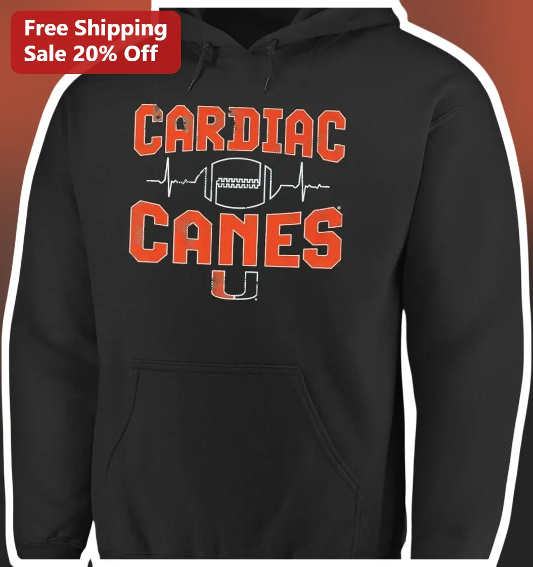 Cardiac Canes Pullover Hoodie Miami Hurricanes Football Heartbeat Design Unisex College Fan Gear