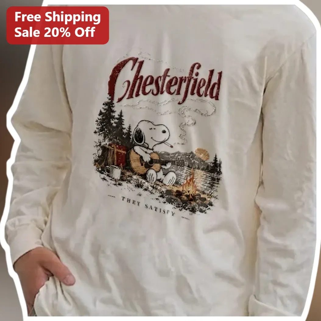 Chesterfield They Satisfy Vintage Long Sleeve Tee Snoopy Camping Graphic available at our Miami, Florida warehouse