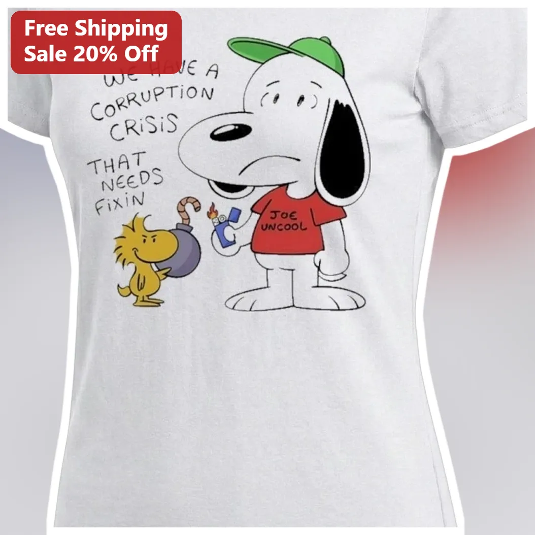 Corruption Crisis That Needs Fixin Snoopy Political Satire Graphic Tee available at our Miami, Florida warehouse