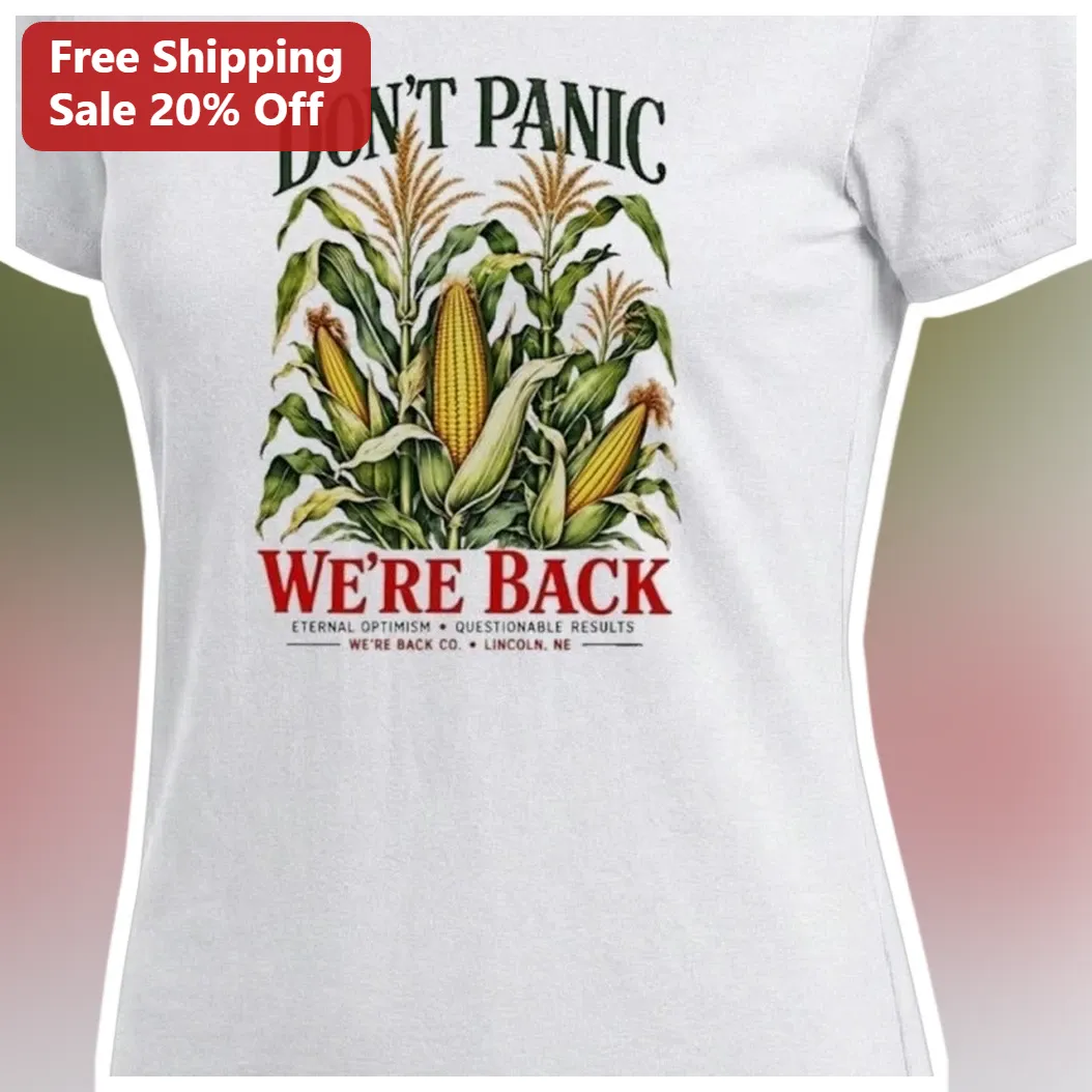 Don't Panic We're Back Vintage Corn Botanical Graphic Tee for Farmers available at our Miami, Florida warehouse