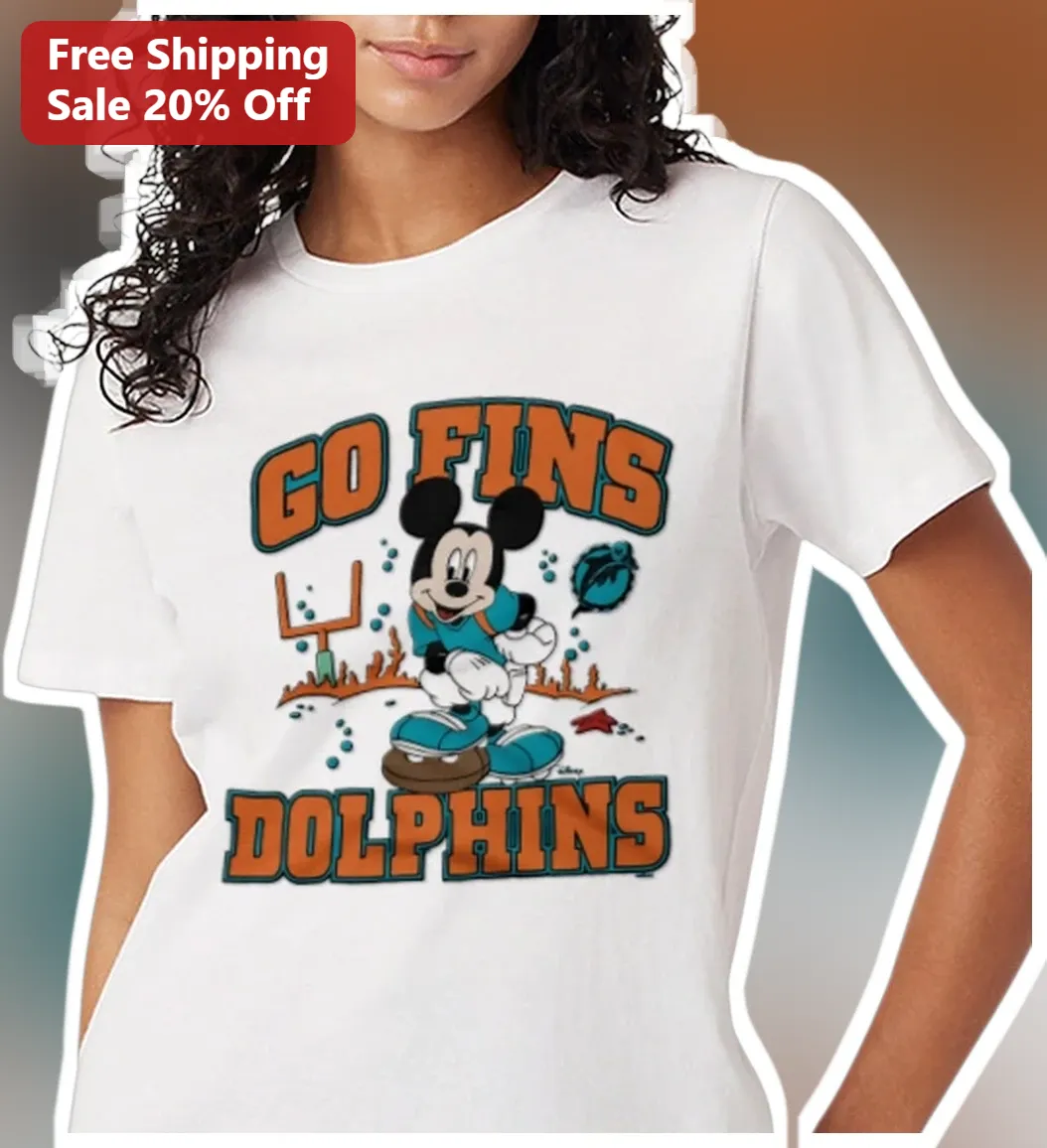 Go Fins Dolphins Mickey Mouse Tee Miami NFL Fan Gear Game Day Shirt available at our Miami, Florida warehouse
