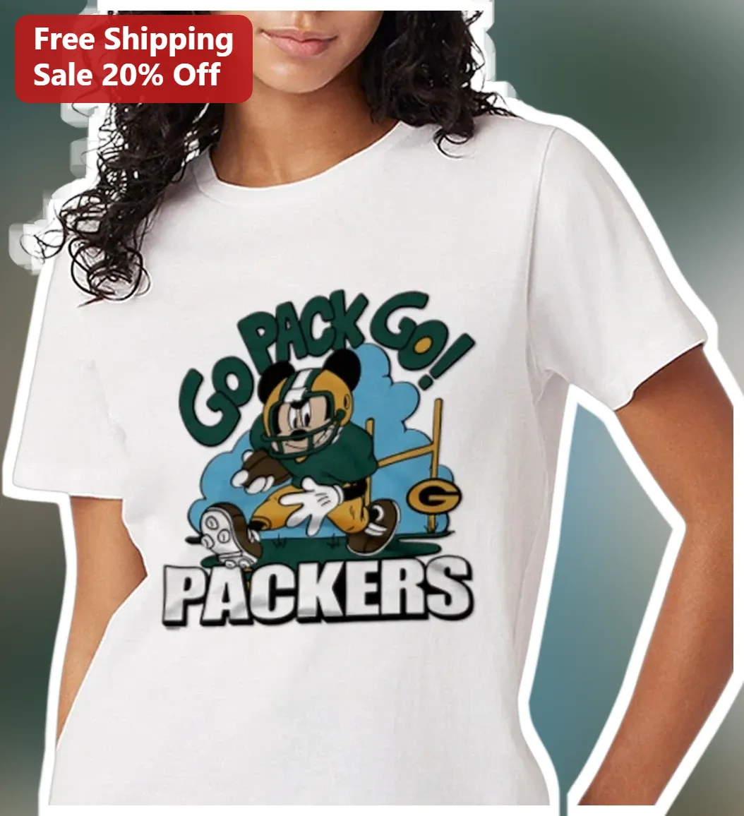 Go Pack Go Mickey Mouse Green Bay Packers Tee NFL Fan Gear Shirt available at our Miami, Florida warehouse
