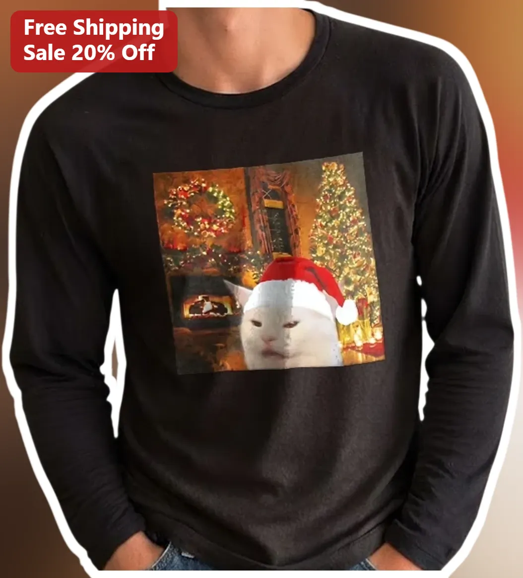 Grumpy Cat Christmas Scene Long Sleeve Tee Funny Holiday Meme Gift for Cat Lovers