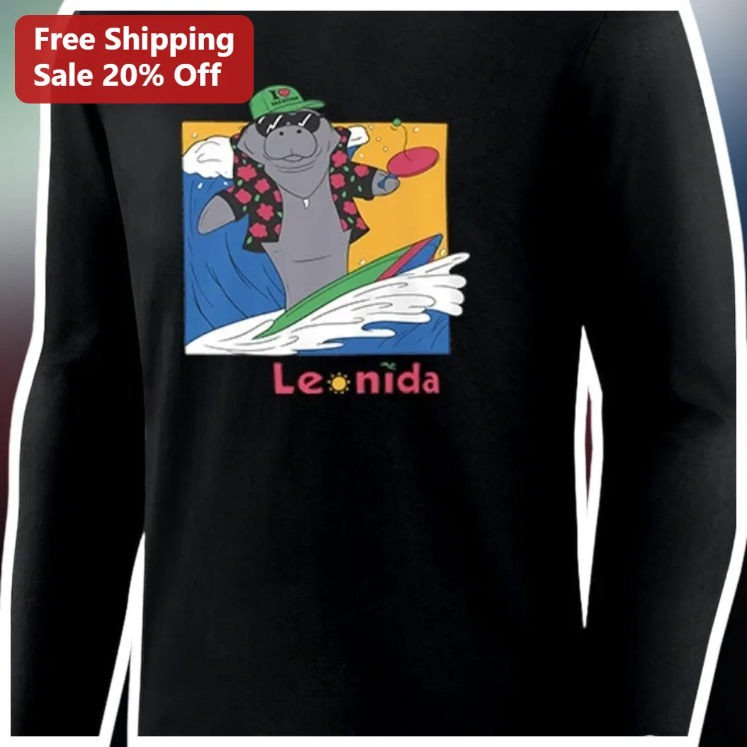 Leonida Long Sleeve Shirt Cute Manatee Surfing Florida Souvenir Gift for Men Women available at our Miami, Florida warehouse