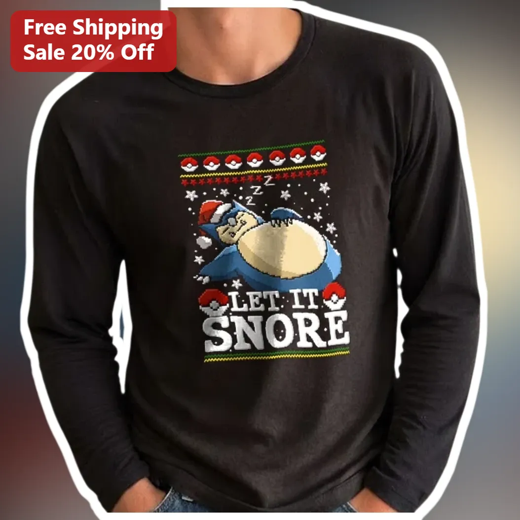 Let It Snore Long Sleeve Tee Funny Pokemon Snorlax Christmas Ugly Sweater Graphic Shirt for Gamers