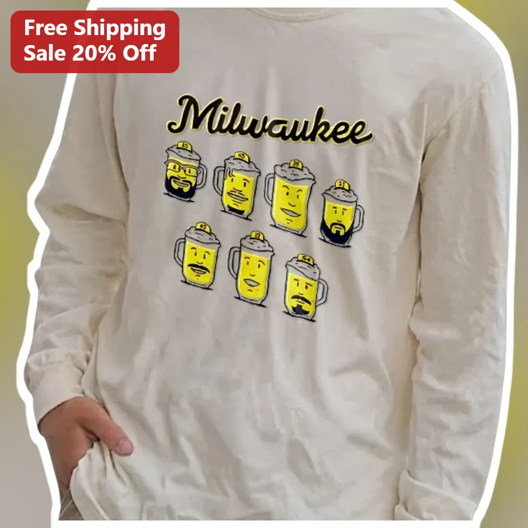 Milwaukee Long Sleeve Tee Funny Beer Mugs Cartoon Design Gift for Men available at our Miami, Florida warehouse