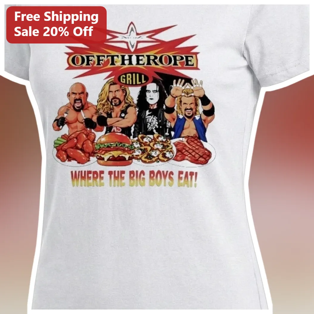 Off The Rope Grill Where The Big Boys Eat Funny BBQ Wrestling Parody Graphic Tee available at our Miami, Florida warehouse