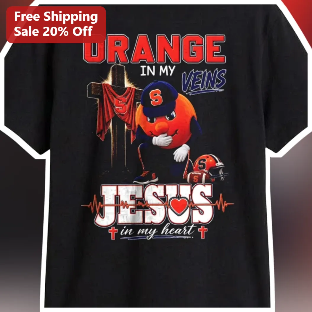 Orange in My Veins Jesus in My Heart Syracuse Orange Mascot Christian Faith Tee available at our Miami, Florida warehouse