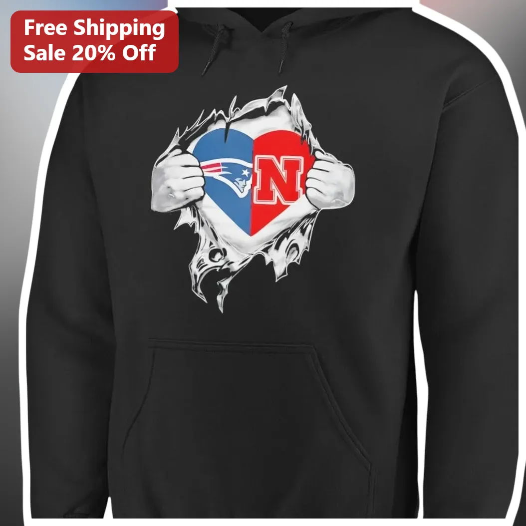 Patriots Huskers Split Heart Hoodie New England Patriots Nebraska Cornhuskers Fan Apparel Unisex Pul available at our Miami, Florida warehouse
