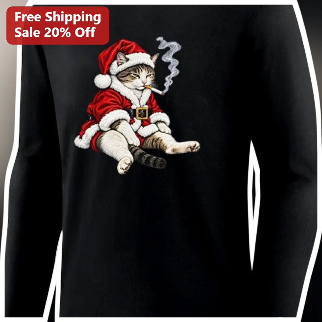 Santa Cat Smoking Cigarette Long Sleeve Shirt Funny Holiday Gift for Cat Lovers