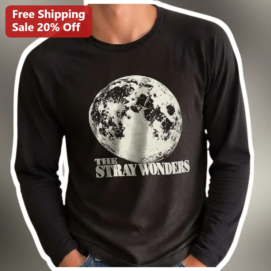 The Stray Wonders Long Sleeve Tee Celestial Moon Graphic Indie Band Merch Cotton Top available at our Miami, Florida warehouse