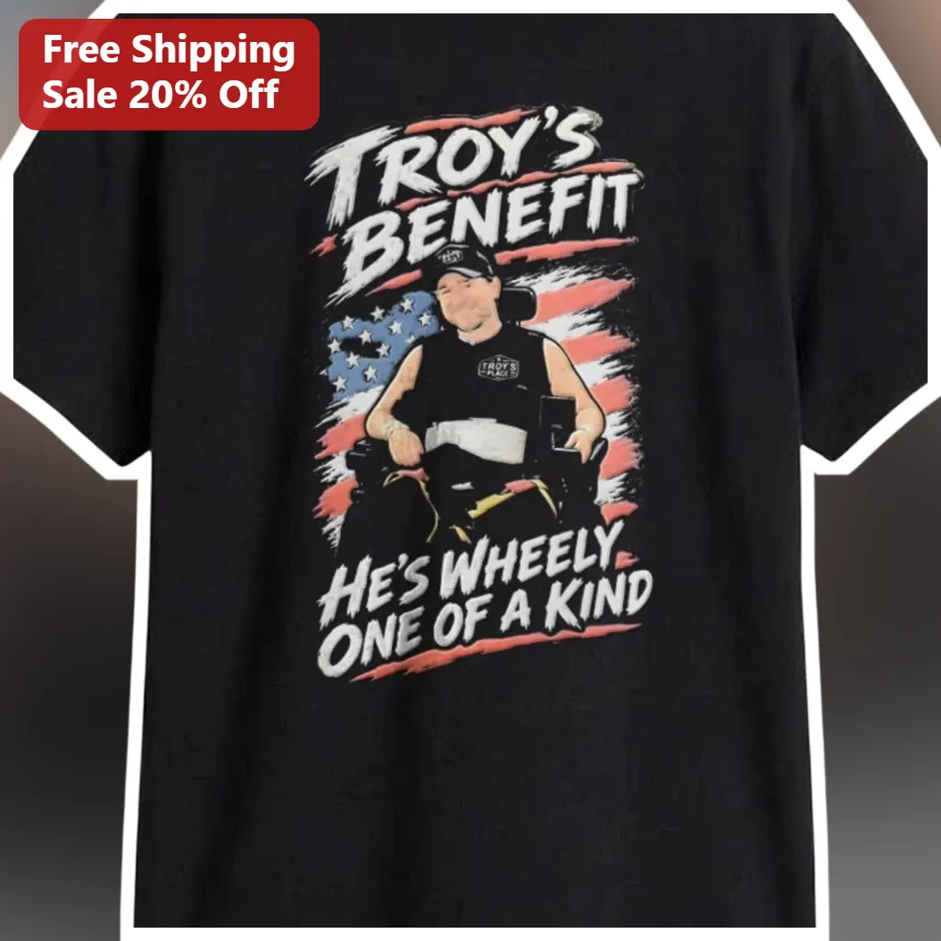 Troy's Benefit He's Wheely One of a Kind Troy DeWitt Patriotic Wheelchair Graphic Tee available at our Miami, Florida warehouse