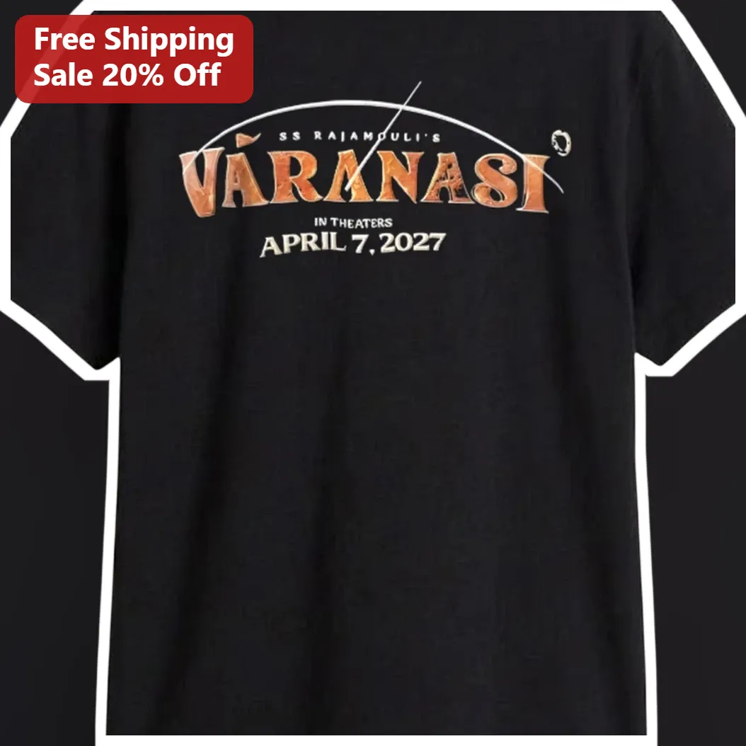 Varanasi In Theaters April 7 2027 Movie Graphic Tee S.S. Rajamouli Film Merch available at our Miami, Florida warehouse